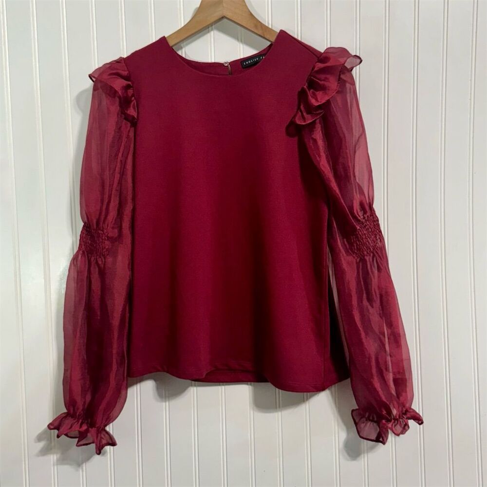 English Factory S Burgundy‎ Sheer Organza Puff Sleeve Blouse Ruffle Top Romantic